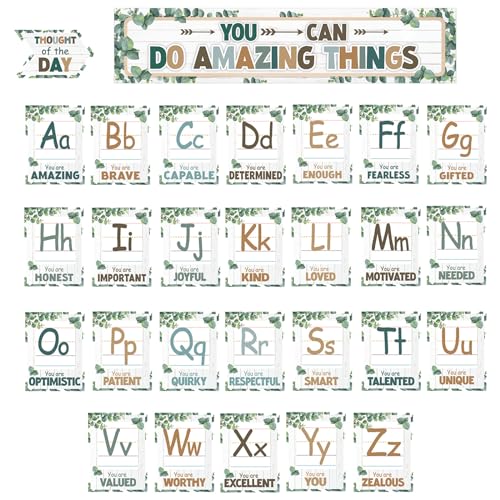 gisgfim Greenery Eucalyptus Alphabet Affirmations Bulletin Board Positive Alphabet Cutouts Motivational Inspirational Poster ABC Charts Letters Poster for Classroom Wall Decor Back to School Supplies
