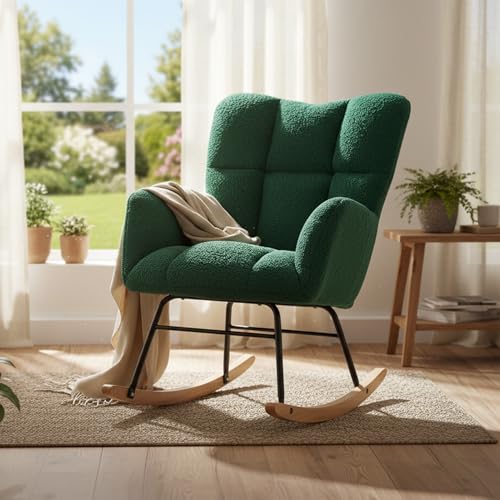Image of Ljirnt Nursery Rocking Chair, Teddy Fabric Upholstered Glider Rocker with High Backrest, Modern Rocking Accent Chairs Comfy Side Chair for Nursery, Bedroom, Living Room (Green)