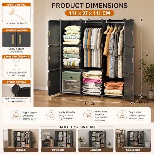 Image of Mevigo Foldable Plastic Wardrobe for Clothes - 12- Door Baby Cupboard for Clothes Storage, Wardrobe for Kids, Plastic Almirah, Collapsible Wardrobe for Kids Livingroom & Home (Grey- HM3, 9- Door)