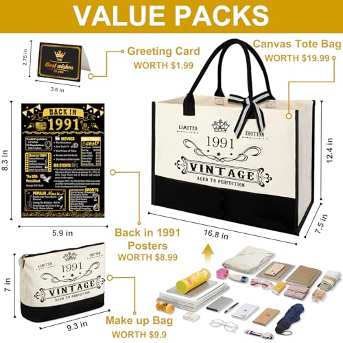 Image of 35th Birthday Gift for Women-Vintage 1991 Canvas Tote Bag,Makeup Bag,Poster