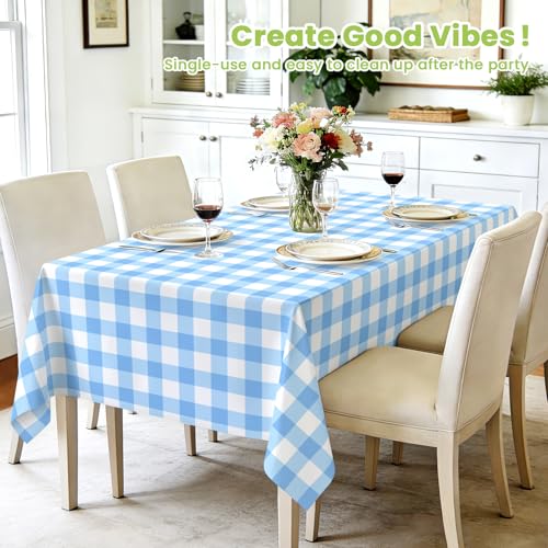 Image of Mulbozy 4 Pcs Light Blue Checkered Tablecloth 54 x108 Inches Rectangle Blue Gingham Tablecloth Disposable Plastic Waterproof Table Cover for Outdoor Picnic, Kitchen, Holiday Birthday Party