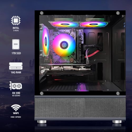 Image of STGAubron Gaming PC Desktop Computer, Intel Core i5 up to 3.6GHz, Radeon RX 590 8G, 16GB RAM, 1T SSD, WiFi 6, BT 5.0, RGB Fan x3, Windows 11 Home