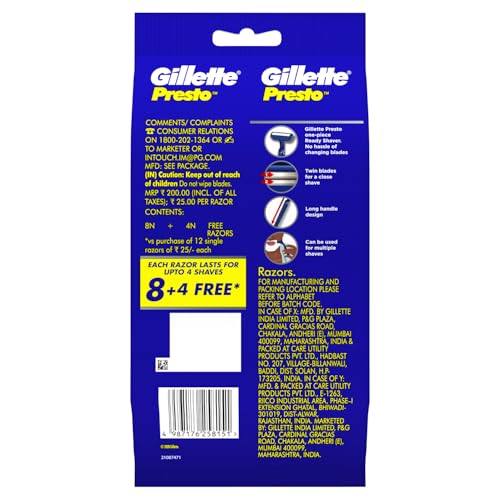 Image of Gillette Presto Manual Shaving Razor (Pack of 8 + 4)