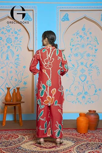 Greciilooks Womens Casual Rayon Regular Fit Floral Co-Ord Set (Red, Small)