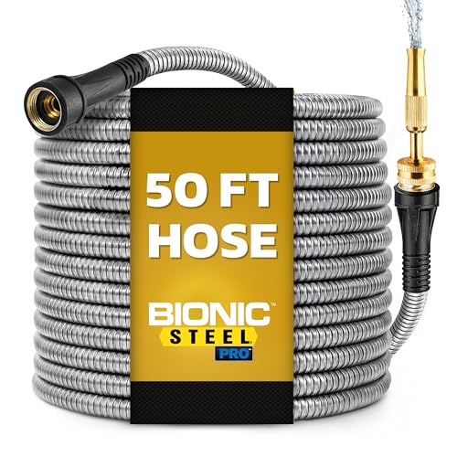Bionic Steel PRO 50 Ft Metal Garden Hose with Nozzle Water Hose Made from Heavy Duty 304 Stainless Steel Flexible Lightweight Brass Fittings Non Kinking 500 PSI