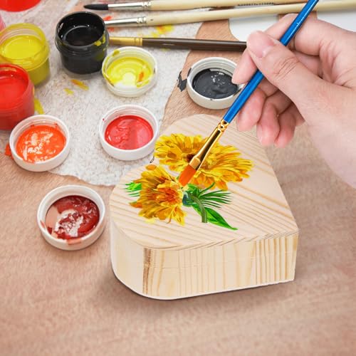 Acshio 12 Pack Unfinished Wood Heart Box, Unpainted DIY Treasure Chest with 10 Pcs Paint Brushes, Wooden Heart Shaped Storage Box Jewelry Box with Lid for Art Craft Painting Making Christmas