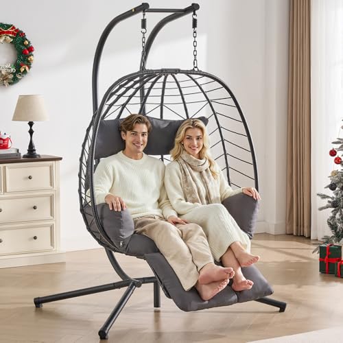 ONBRILL Double Egg Chair with Adjustable Footrest & Stand, Rattan