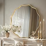 VooBang Gold Scalloped Circle Mirror, 24' Wavy Edge Round Wall Mirror with Tempered Glass Textured Circular Metal Deep Frame, Hanging Leaning for Bathroom, Hallway, Entryway, Livng Room
