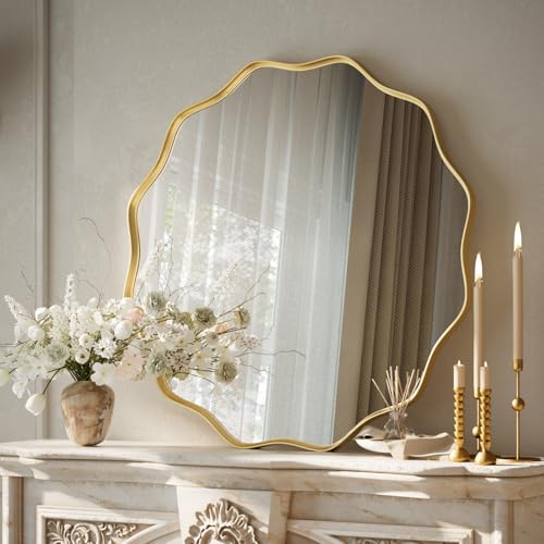 VooBang Gold Scalloped Circle Mirror, 24" Wavy Edge Round Wall Mirror with Tempered Glass Textured Circular Metal Deep Frame, Hanging Leaning for Bathroom, Hallway, Entryway, Livng Room