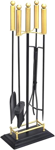 Barton Herramientas para chimenea de hierro forjado negro y dorado con soporte, pinzas de pala, cepillo de fuego, accesorios para interiores y