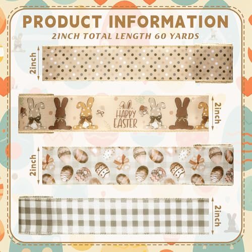 Vincreem 12 Rolls Easter Bunny Wired Edge Ribbon for Wreaths 2 Inch x 60 Yards Happy Easter Floral Bunny Print Grosgrain Ribbon for Bow Gift Bow Crafts Party Supplies 12 Styles by Vincreem - Image 2