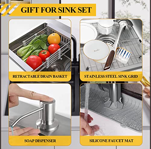 Double Bowl Kitchen Bar Sink, 32.3X17.7In Stainlee Steel Drop In Topmount Kitchen Sink With Gift-Soap Dispenser, Faucet Mat, Drain Strainer Set For Modern Kitchen Sink #TOP5