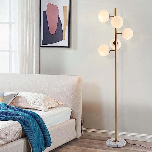 Image of BOKT Gold Mid Century Modern Floor Lamp 5-Lights Glass Globe Floor Lamp Antique Brass Floor Lamps Contemporary Tall Free Standing Reading Lamp for Bedroom Living Room
