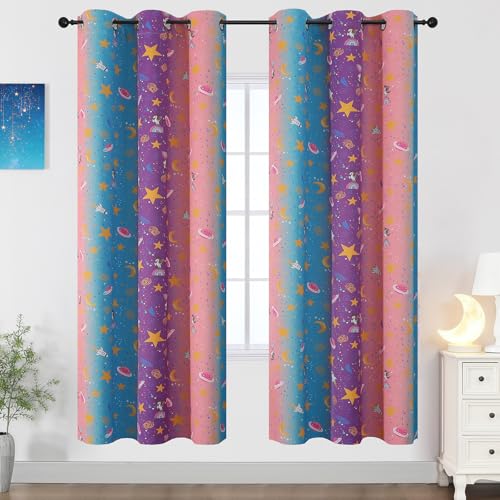 Image of Pink Purple Blue Star Moon Unicorn Curtains for Girls Bedroom 72 Inch Long