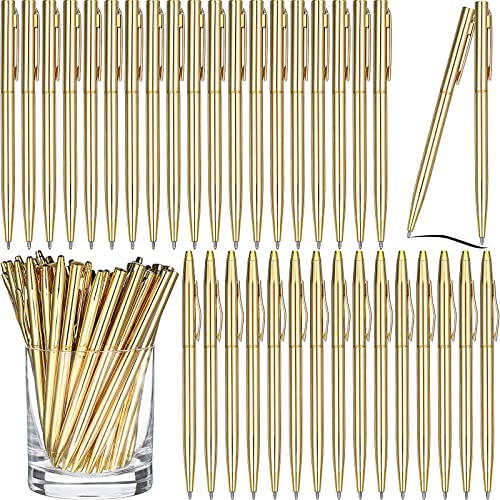 Fuutreo 50 Pack Gold Pens Bulk Gold Metal Slim Ballpoint Pens Retractable Black Ink 1.0 mm Ballpoint for Wedding Business Office Writing Supplies
