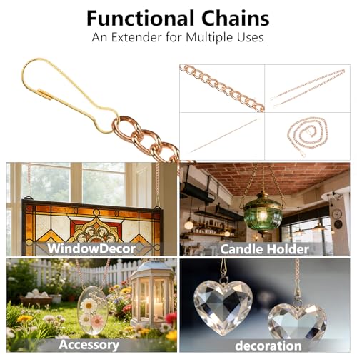 Image of SANGLE SOPFFY Stained Glass Window Hanging Chain, 4PC 30 Inch Gold Metal Picture Hanging Chain Sunshine Catcher Stained Glass Window Panels Chains