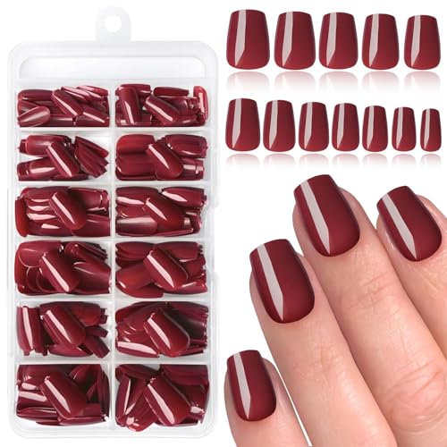 LunarCharm 240 peças de unhas de caixão bordô para pressionar, unhas postiças curtas com abas adesivas, unhas acrílicas para damas, unhas postiças