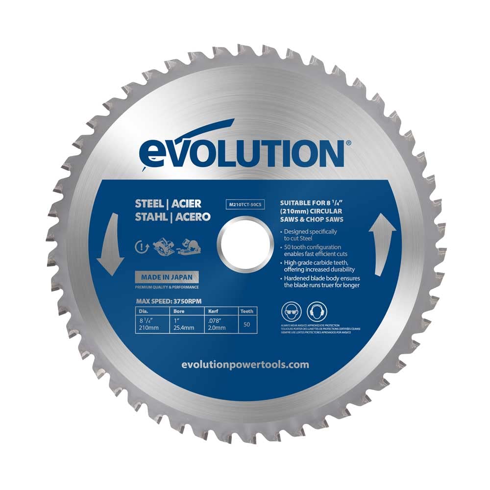 Evolution M210TCT-50CS | 8-1/4" 50T Mild Steel and Ferrous TCT Metal Cutting Saw Blade | 1" Arbor | Made in Japan | High Performance Cold Cut Blade | Compatible with Evolution S210CCS Circular Saw