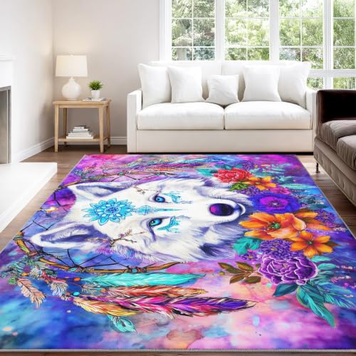 Alfombra de dormitorio de lobo blanco y bosque colorido, tapete de franela para suelo interior 4
