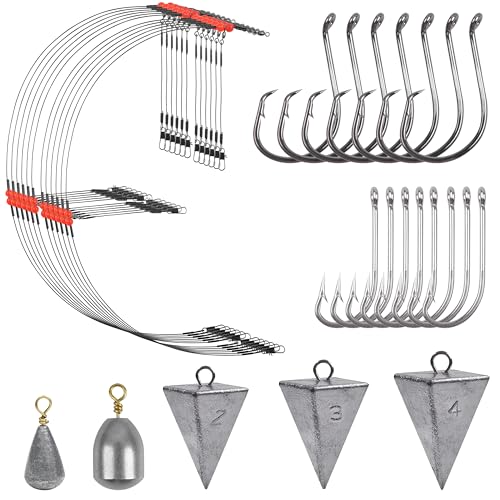 Surf Saltwater Fishing Tackle Kit, 33pcs Surf Leader Rigs Include Pyramid Sinkers Bell Bass Casting Sinkers Bottom Rigs Circle Hooks Saltwater J Hooks Ocean Fishing Gear Black