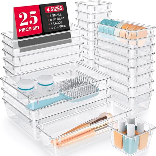 Image of TEX-RO Drawer Organizer Tray/Multi-Purpose Drawers Organisers/Dressing Table Organiser & Make up Organiser/Perfect for Cosmetics, Jewelry, Kitchen and Bathroom (25 pcs, Transparent)