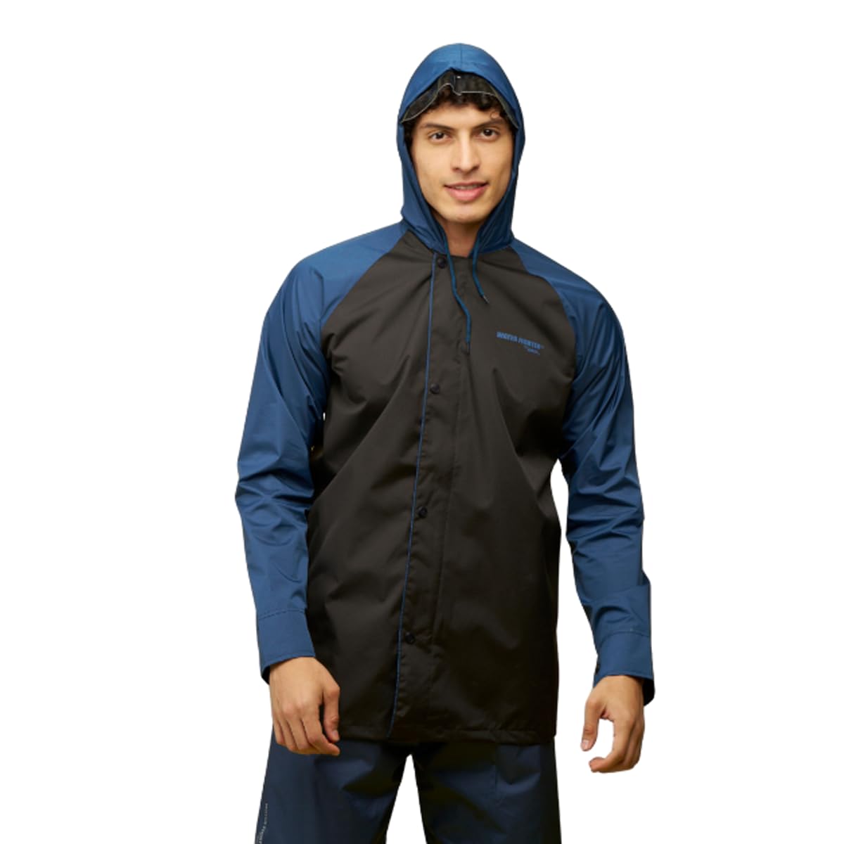 WATER FIGHTER by ZEEL Rain Coat for Men with Adjustable Hood, Polyester Waterproof Full Sleeves, Top and Bottom Set Rainwear, Front Zip with Snap Button Flap, Lightweight (EWF87, Black & Blue, 2XL) - Image 4 thumbnail