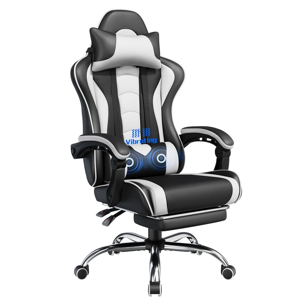 Yaheetech Chaise Gaming Ergonomique Massante avec Repose-Pieds Inclinable Rembourré en Similicuir, Fauteuil de Bureau avec Appui-tête et Support Lombaire Roues Pivotantes Blanc