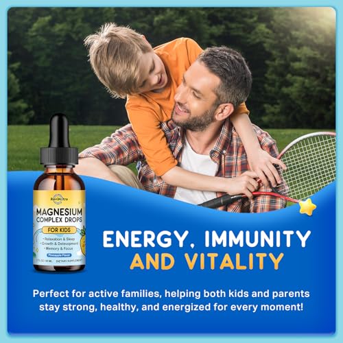 Image of Kids Magnesium Glycinate Liquid Drops, Magnesium for Kids with Calcium, Zinc, L-Theanine, Vitamin D3 K2, C for Sleep, Relaxation, Calm, Focus, Brain,Mood, Bones & Muscles - Pineapple Flavor 2 Pack