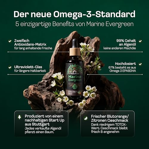 NatuRise® Omega 3 Vegan - 4700mg Algenöl pro Tag davon 3139mg Omega 3 (DHA, EPA & DPA) - Hochdosiert – 100ml – Laborgeprüft– Pipette mit Dosierskala - UV-Glas (Blutorange & Zitrone) 4