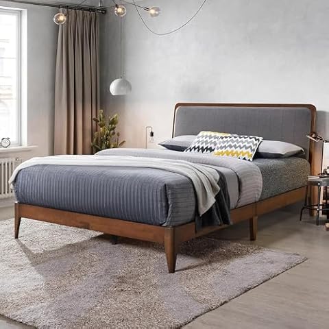 DG Casa Solomon Mid Century Modern Solid Wood Queen Size Bed Frame, Beige Fabric Upholstered Wooden Platform Bed Frame with Slats, No Box Spring Needed Cover