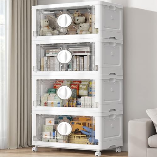 Image of BROVIEW 480Qt Lockable Stackable Storage Bins with Lids, Closet Organizers and Storage Drawer, Collapsible Storage Bin with Wheels, Plastic Cabinet for Toy Clothes Dorm Organizer, V9 4 Pack White