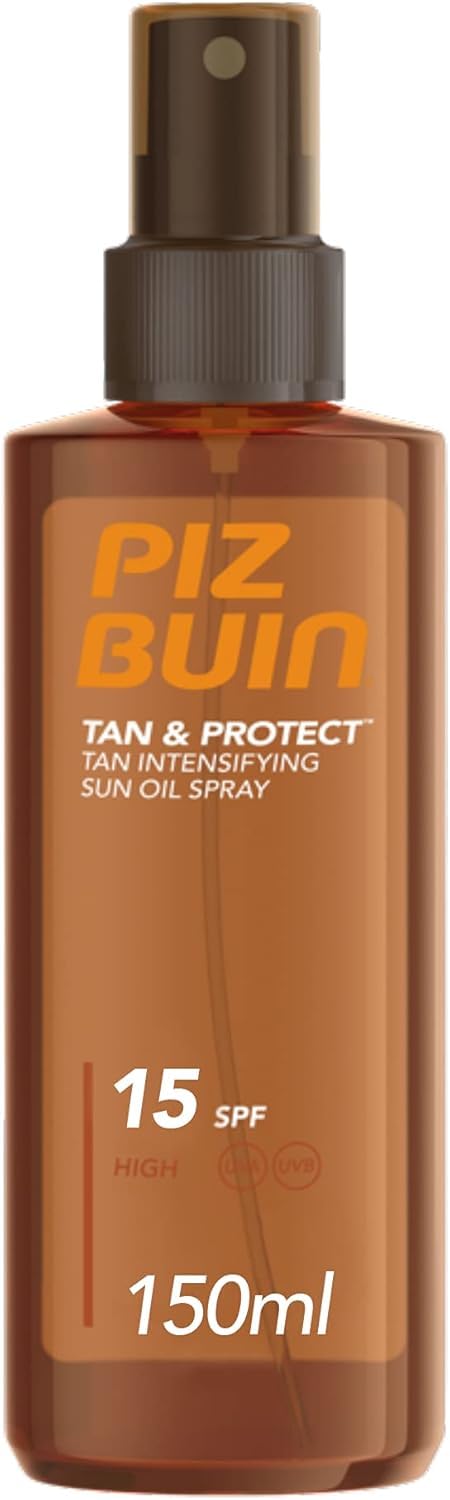 PIZ BUIN Tan & Protect Olio Spray Solare Intensificatore dell'Abbronzatura SPF 15, Olio abbronzante corpo spray con Illumitone, Protezione solare 15 con filtro solare UVA/UVB, 150 ml