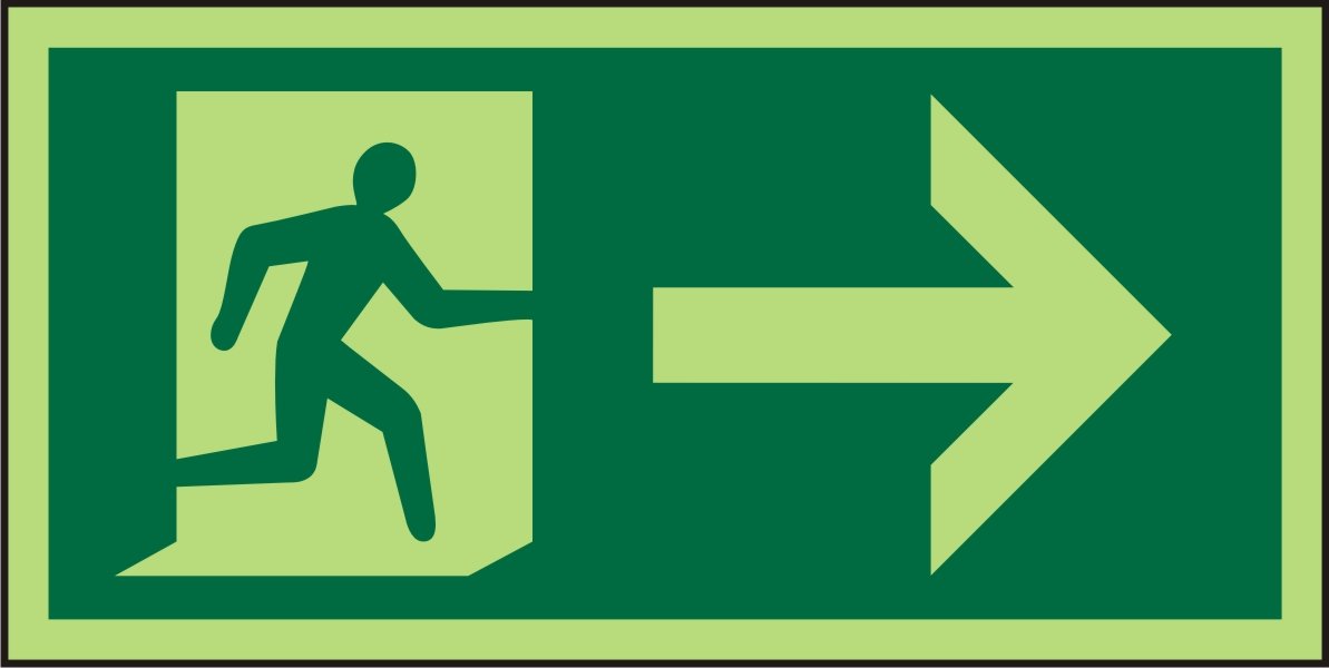 Seco Fire Exit - Man Running Right & Arrow Pointing Right Pictogram Sign, 200mm x 100mm - Photoluminescent 1mm Semi Rigid Plastic