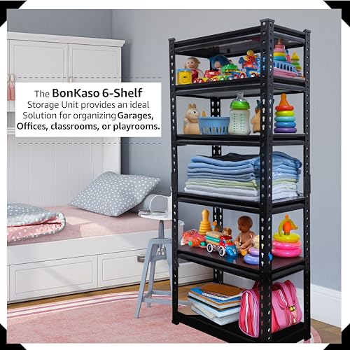 Image of BonKaso Adjustable 6-Shelf Metal Storage Rack | Heavy-Duty Steel Boltless Rivet Utility Shelving Unit for Garage, Kitchen & Office | 62 Inches Height (62 x 24 x 12 in) - Black
