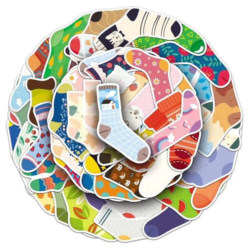 50Pcs Sock Stickers, Waterproof Vinyl Cute Cartoon Sock Stickers for Kids Teens Adults, Funny Fruit Animal Sock Decals for Water Bottles Laptops, Sock Gifts for Sock Lovers, Scrapbook Stickers