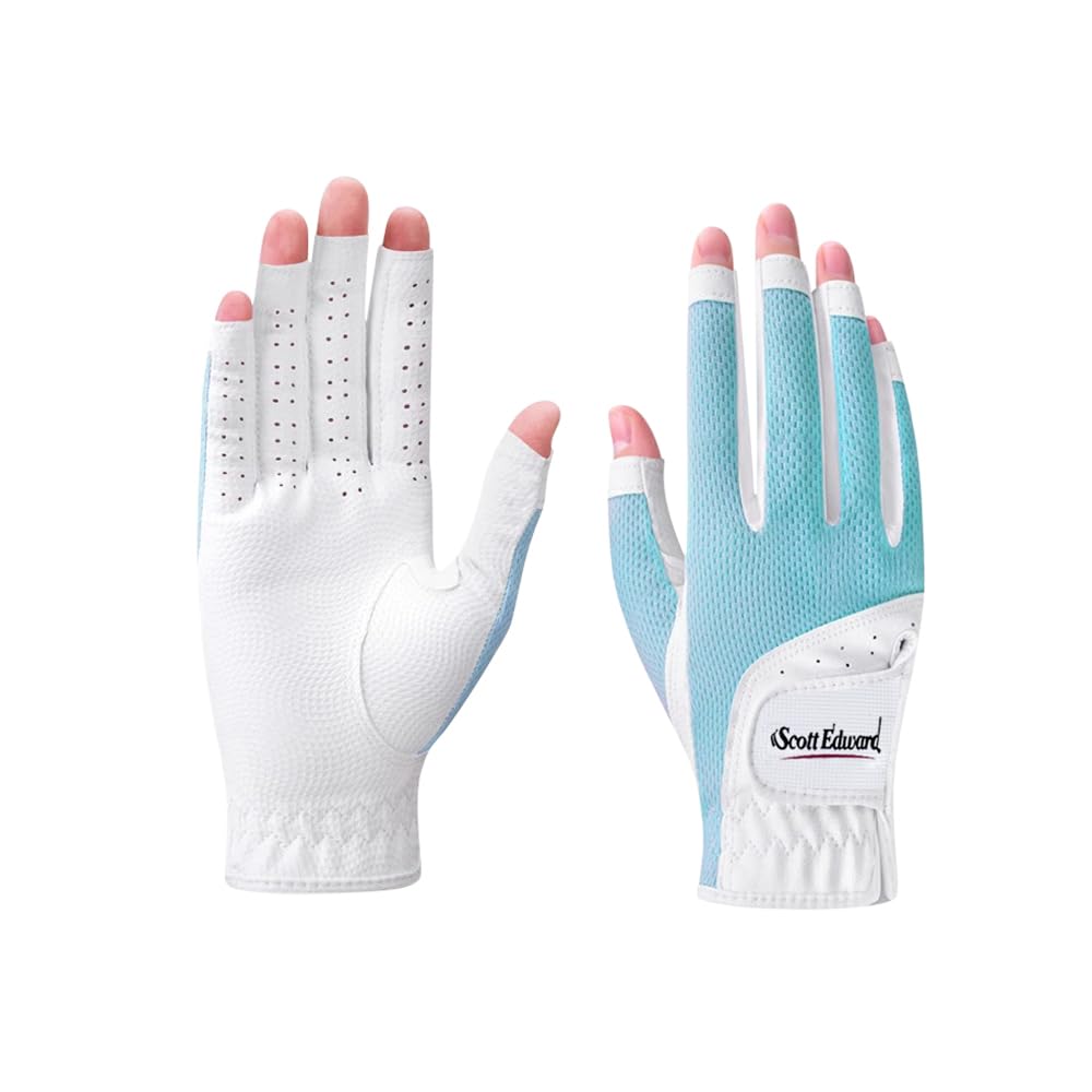 Scott Edward 1 Pair Open-finger Women's Golf Gloves 2 Pack Left Right Hand Lady Fingerless Golf Gloves PU and Microfiber Breathable Mesh Fabric Cool and Comfortable (Blue,21) - Image 4