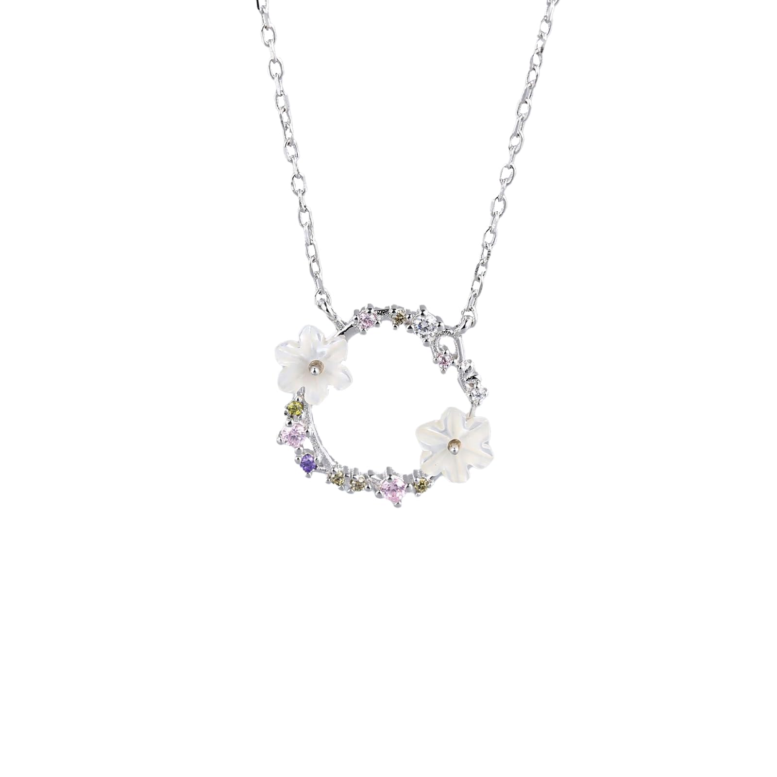 QNSJ Magnolia Love Moire Flowers Necklace, S925 Sterling Silver Circle Wreath Pendant Clavicle Chain, With Gift Wrapped Box Present For Birthday