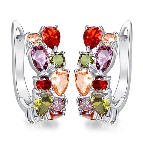 Hoop Earrings for Women, Multi Gemstones Sterling Silver Hoop Earrings with Amethyst Garnet Ruby Blue Sapphire Fashion Jewelry