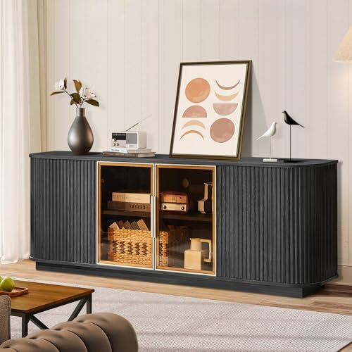 Hosnnile 64'' Sideboard Buffet Cabinet with RGB LEDs, Wood Entertainment Center, Modern Media Console with 4 Doors 6 Storage Spces, TV Stand Coffee Bar for Living Room, Dining Room, Entryway