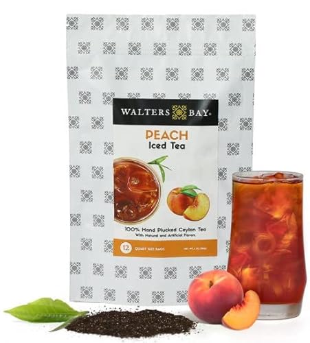 Walters Bay Peach Iced Tea | 12 Quart Sized Tea Bags, Ceylon Tea, Unsweetened, Peach Flavored, 100% Hand Plucked, Black Tea #TOP24