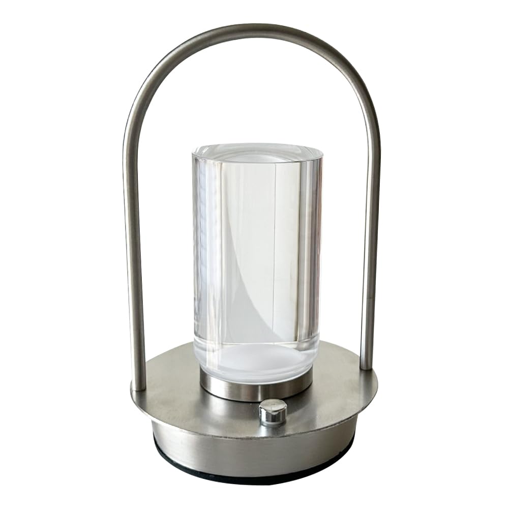 LYVQZPWLR LED Touch Bedside Table Lamp, Rechargeable Metal Crystal Lantern Table Lamp, 3-Color Stepless Dimming, Touch, Silver