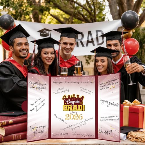 Image of Graduation Decorations 2026 Burgundy Gold Graduation Guest Book to Sign Class Of 2026 Signature Guestbook Alternative Party Gifts Keepsake Congrats Grad Invitations Memory Card Board College School