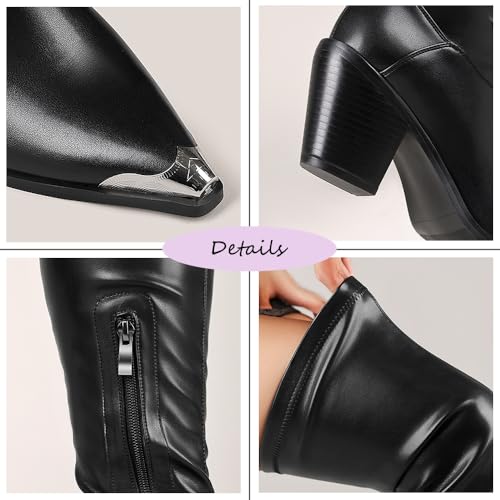 Image of Women Thigh High Boots Leather PU Stretch Over The Knee Boots Slim Calf Block Chunky Heel Pointed Toe Tall Cowboy Boots Concert Dress Boots