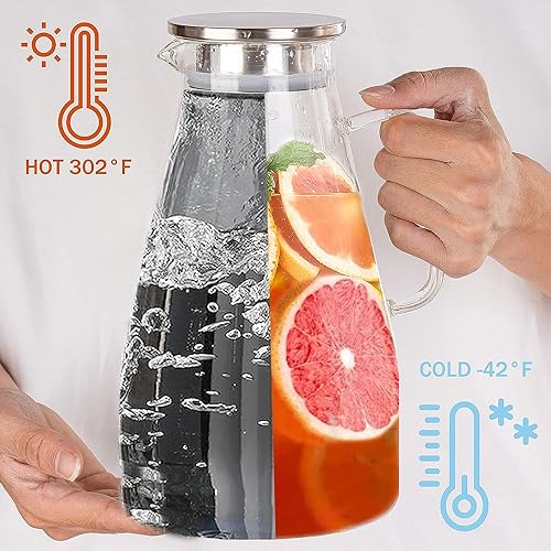 Image of Wringo Premium Glass Water Jug - 1.8 LTR, Transparent, Hot Cold Water Glass Pitcher with Steel Lid Water Jug, Iced Tea, Milk and Juice Beverage Carafe, Lemon Jug 1800ML (WQ-04)