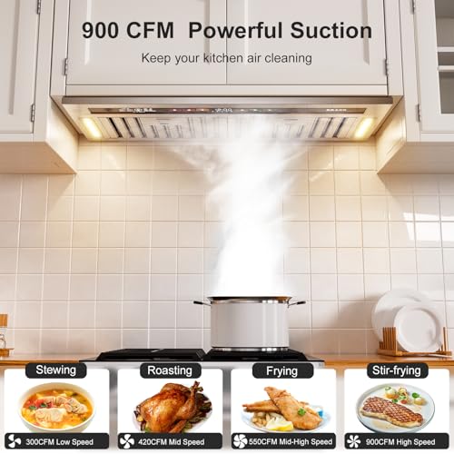 BRANO Range Hood Insert 30 Inch, 900 CFM Smart Voice/Gesture/Touch Control, 4 Speed Exhaust Fan, Stainless Steel Kitchen Hood with Charcoal Filter, Ducted/Ductless Convertible