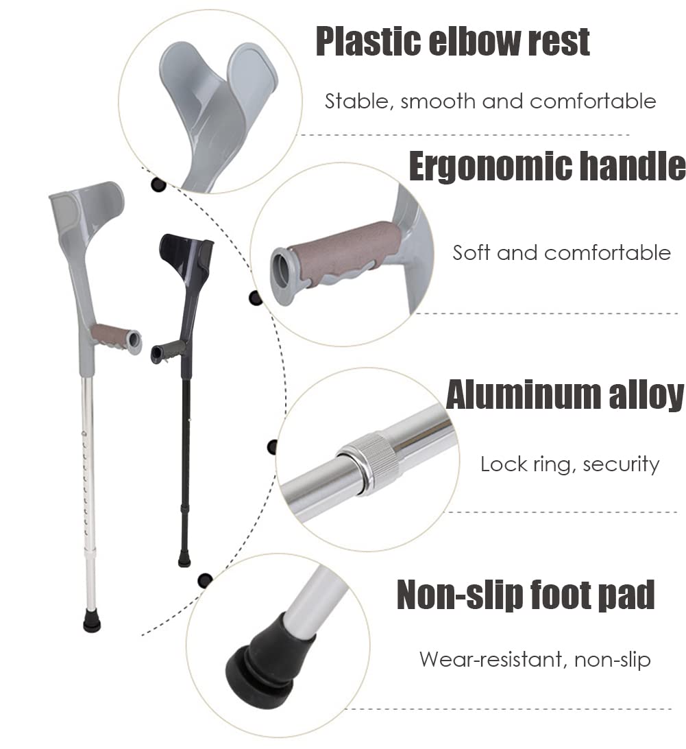 Muletas de antebrazo para adultos, muleta ergonómica para brazo con asas de goma, bastón ajustable para personas mayores, discapacitadas y discapacitadas, negro/plateado, carga de 220 libras