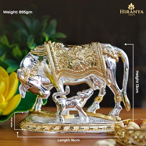 Image of Kamdhenu Cow with Calf | Vastu Idol is a Divine Cow & Calf Statue | Perfect for Pooja Rooms | Kamadhenu Cow & Calf (Gold & Silver, 5.2 Inch)