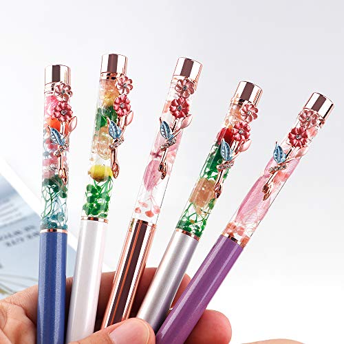 Ballpoint Pens,5 Pieces Dynamic Liquid Flower Pen Refillable Black Ink with Retro Floral Pen Clip for Desk Accessories