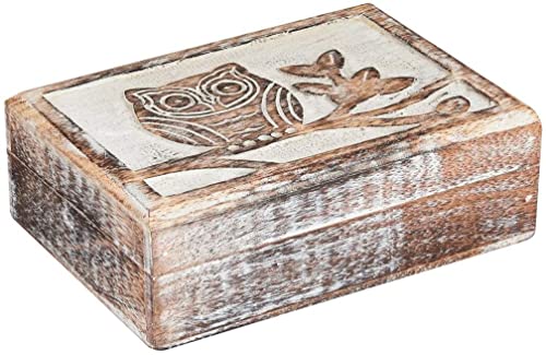 Schmuckkästchen aus Holz mit Eulen-Motiv, handgefertigt, weißgekalkte Dekoration, Schmuck-Organizer-Box für Frauen und Mädchen - dekorative Andenkenbox, Schatztruhe, Schmuckhalter Cover
