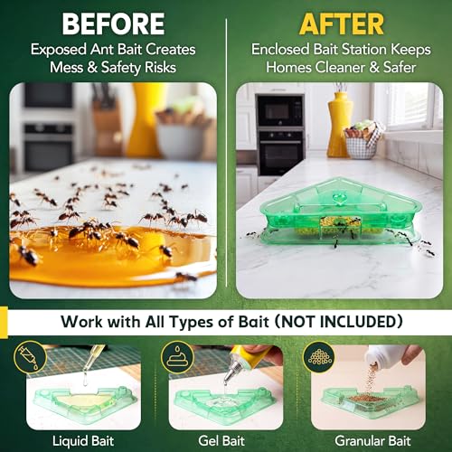 Image of Qualirey Ant Bait Stations Reusable (Bait NOT Included), Multi Surface Ant Killer Trap for Home Control for Indoor and Outdoor Roach Station for Common Household(Triangular,Green,16 Set)